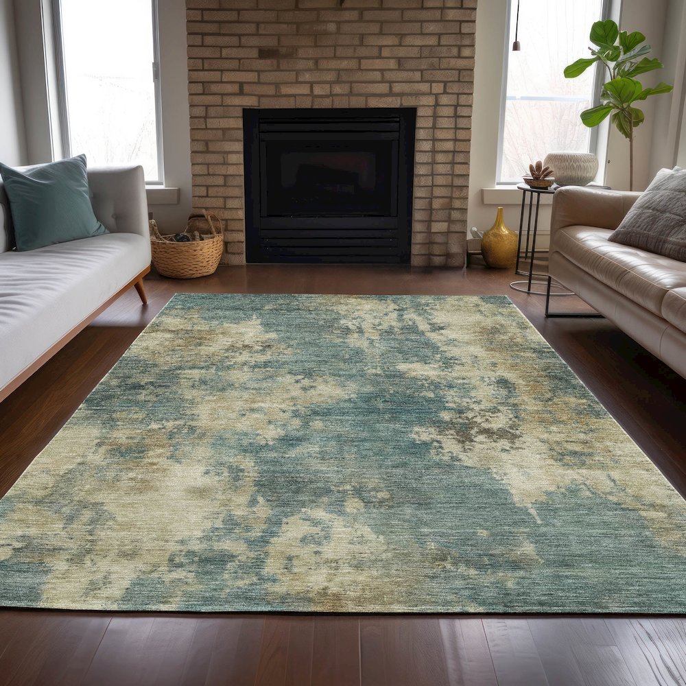 Machine Washable Indoor/Outdoor Chantille ACN2066 Teal 5' x 7'6" Rug. Picture 6