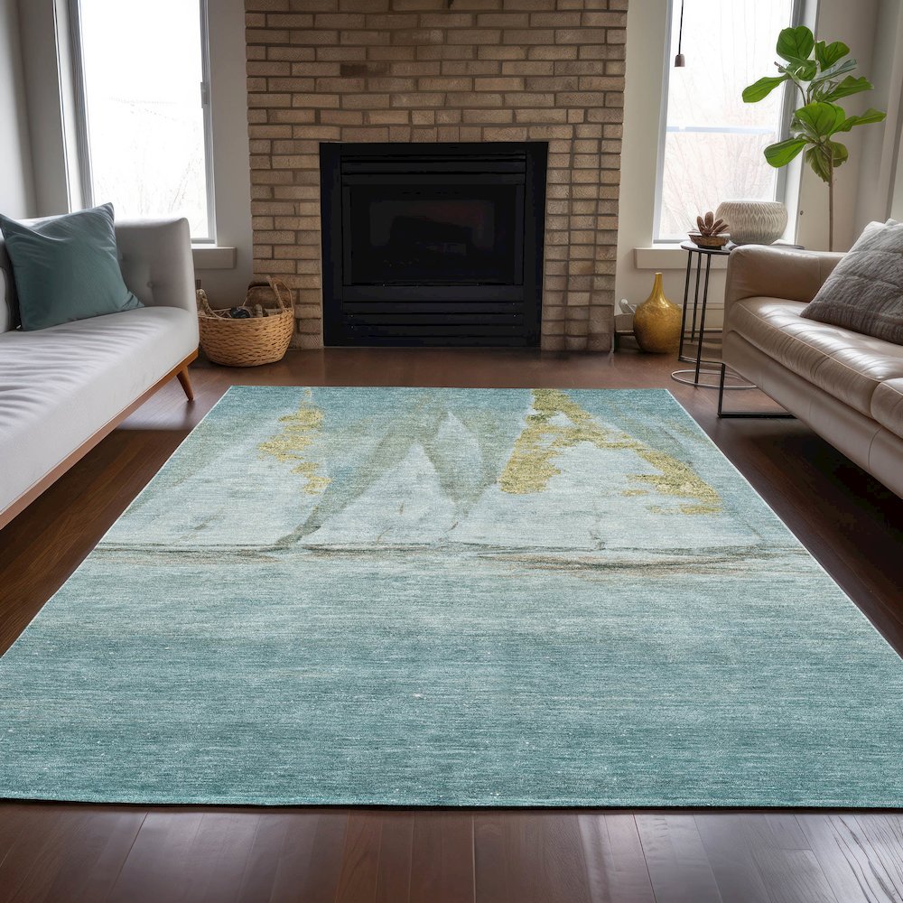 Machine Washable Indoor/Outdoor Chantille ACN2084 Teal 5' x 7'6" Rug. Picture 6