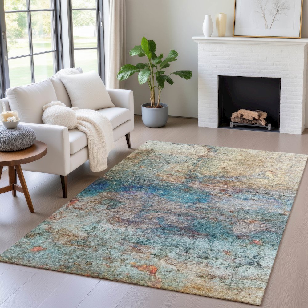Machine Washable Indoor/Outdoor Chantille ACN2100 Teal 5' x 7'6" Rug. Picture 5