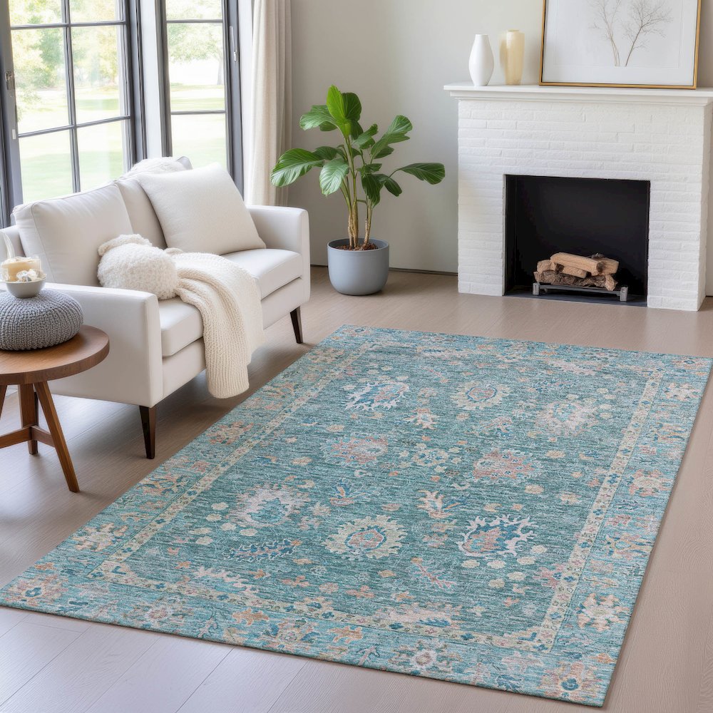 Machine Washable Indoor/Outdoor Chantille ACN2104 Teal 5' x 7'6" Rug. Picture 5
