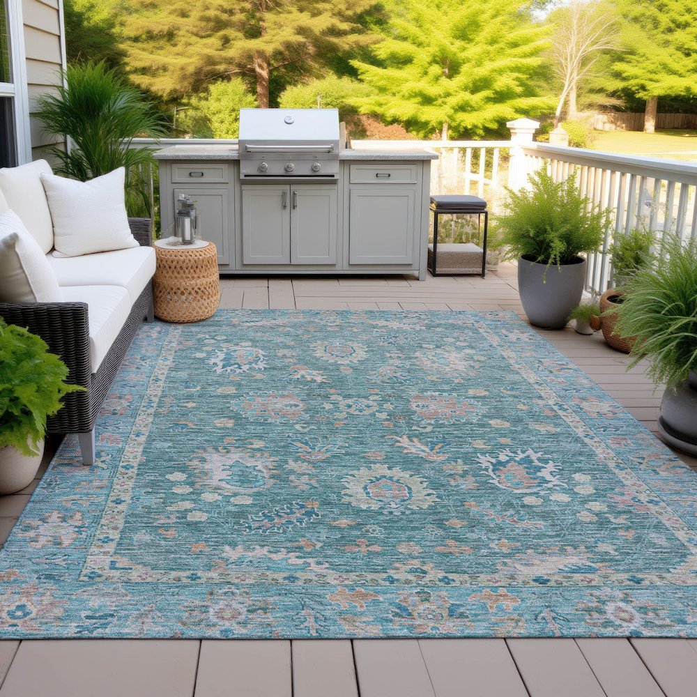 Machine Washable Indoor/Outdoor Chantille ACN2104 Teal 5' x 7'6" Rug. Picture 7
