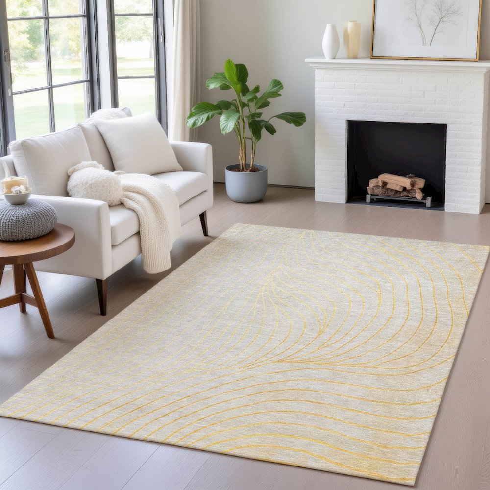 Machine Washable Indoor/Outdoor Chantille ACN2107 Gold 5' x 7'6" Rug. Picture 5
