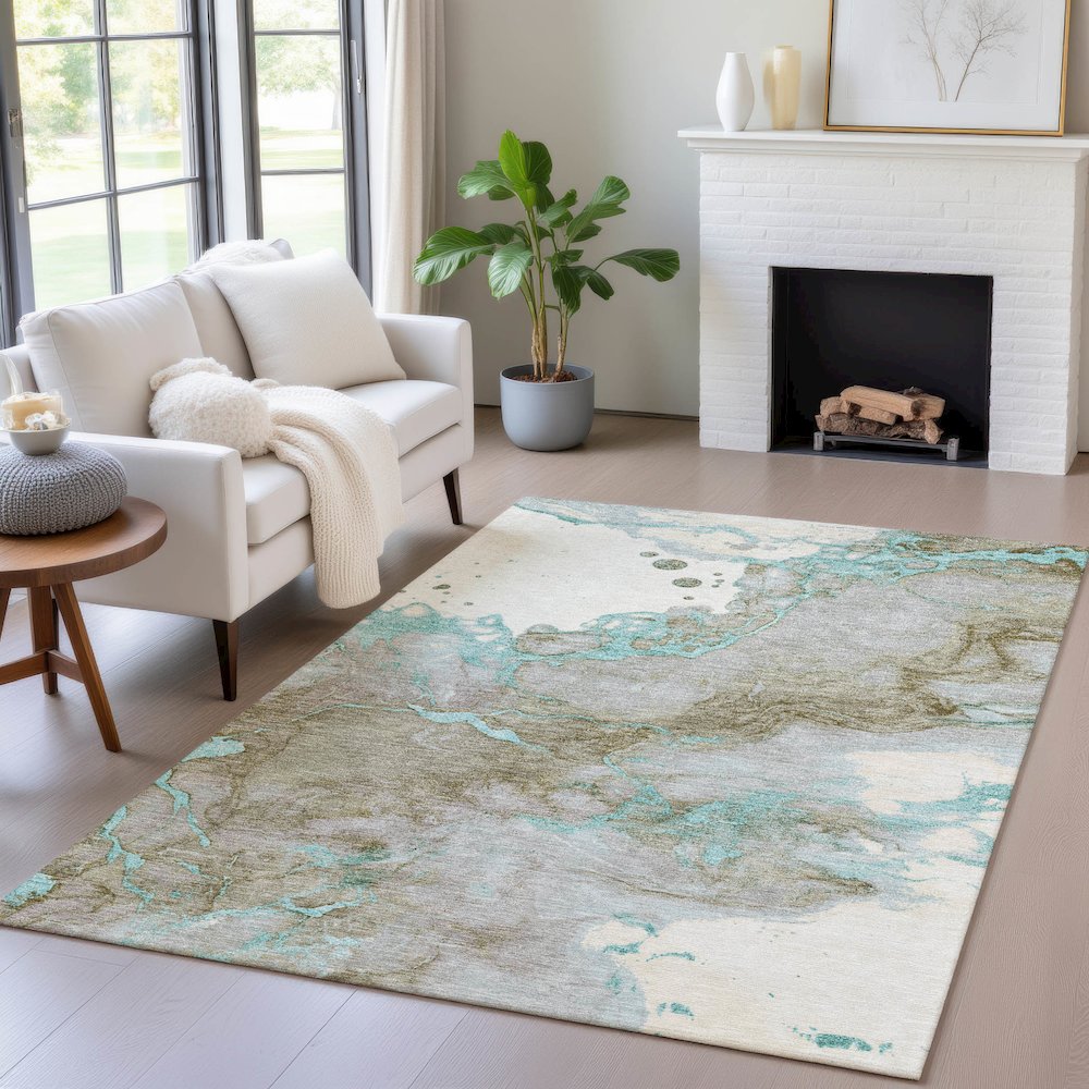 Machine Washable Indoor/Outdoor Chantille ACN2110 Teal 5' x 7'6" Rug. Picture 5