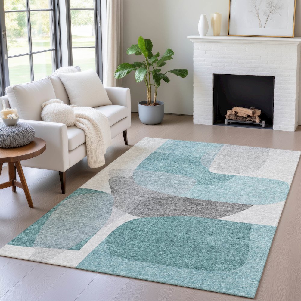 Machine Washable Indoor/Outdoor Chantille ACN2121 Teal 5' x 7'6" Rug. Picture 5
