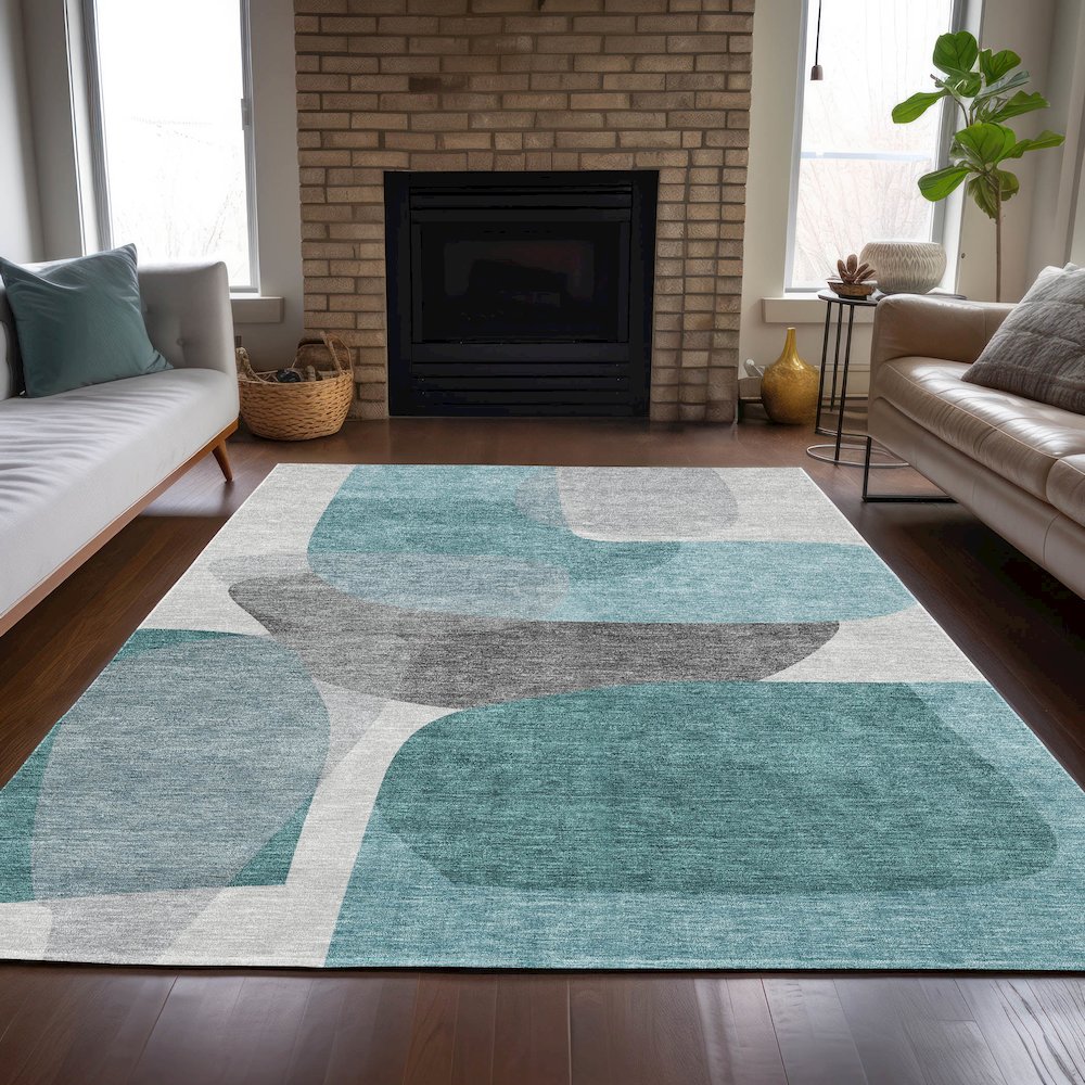Machine Washable Indoor/Outdoor Chantille ACN2121 Teal 5' x 7'6" Rug. Picture 6