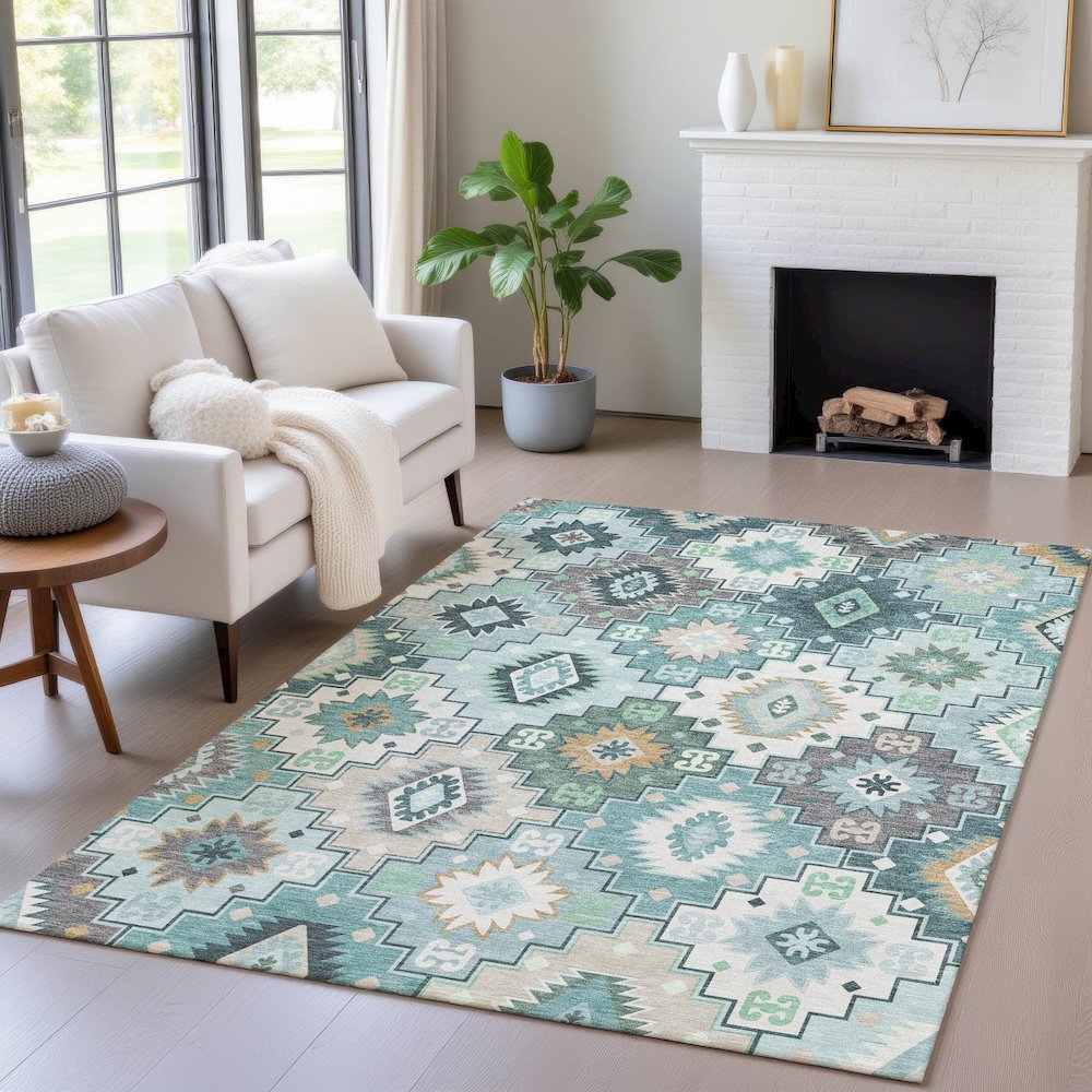 Machine Washable Indoor/Outdoor Chantille ACN2123 Teal 5' x 7'6" Rug. Picture 5