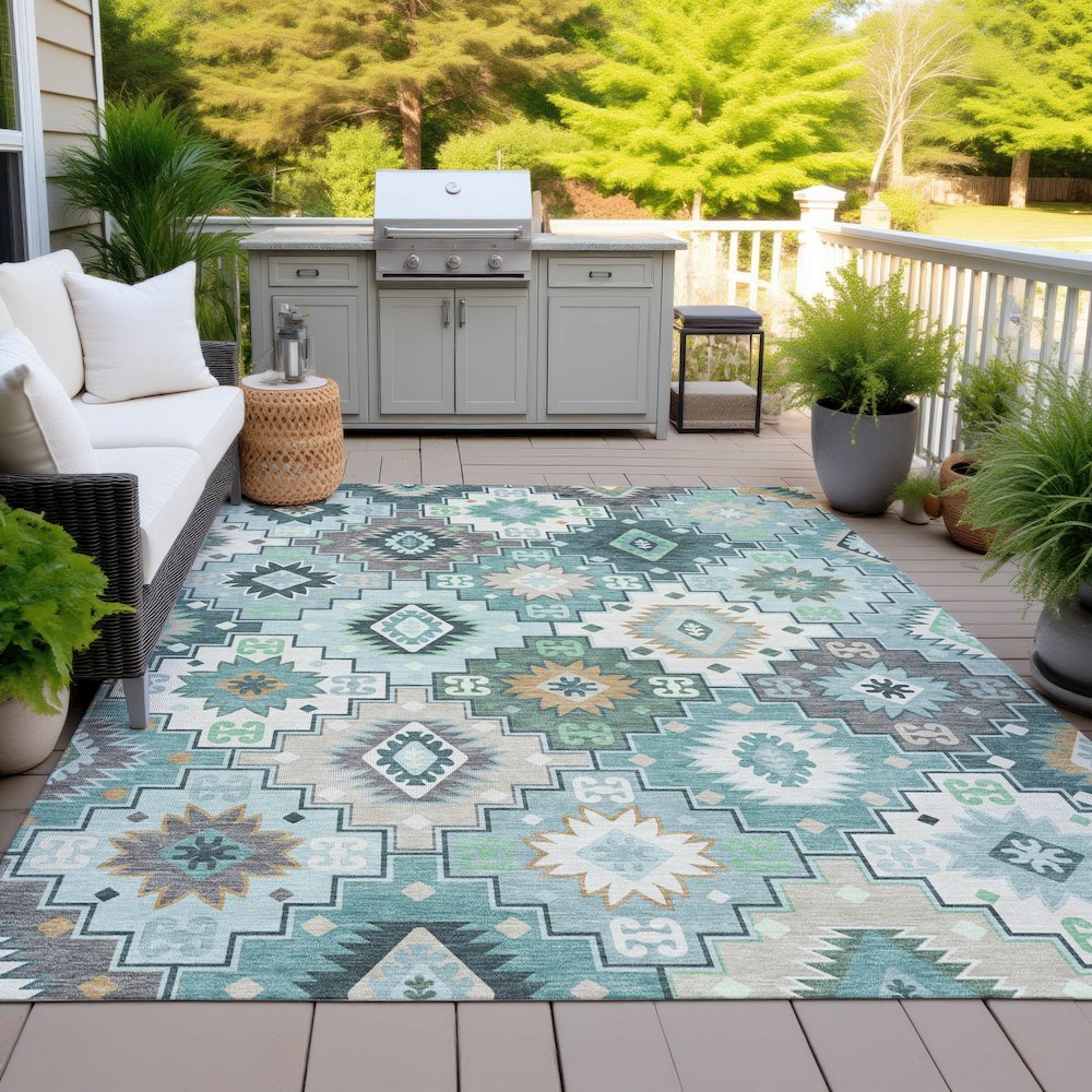 Machine Washable Indoor/Outdoor Chantille ACN2123 Teal 5' x 7'6" Rug. Picture 7