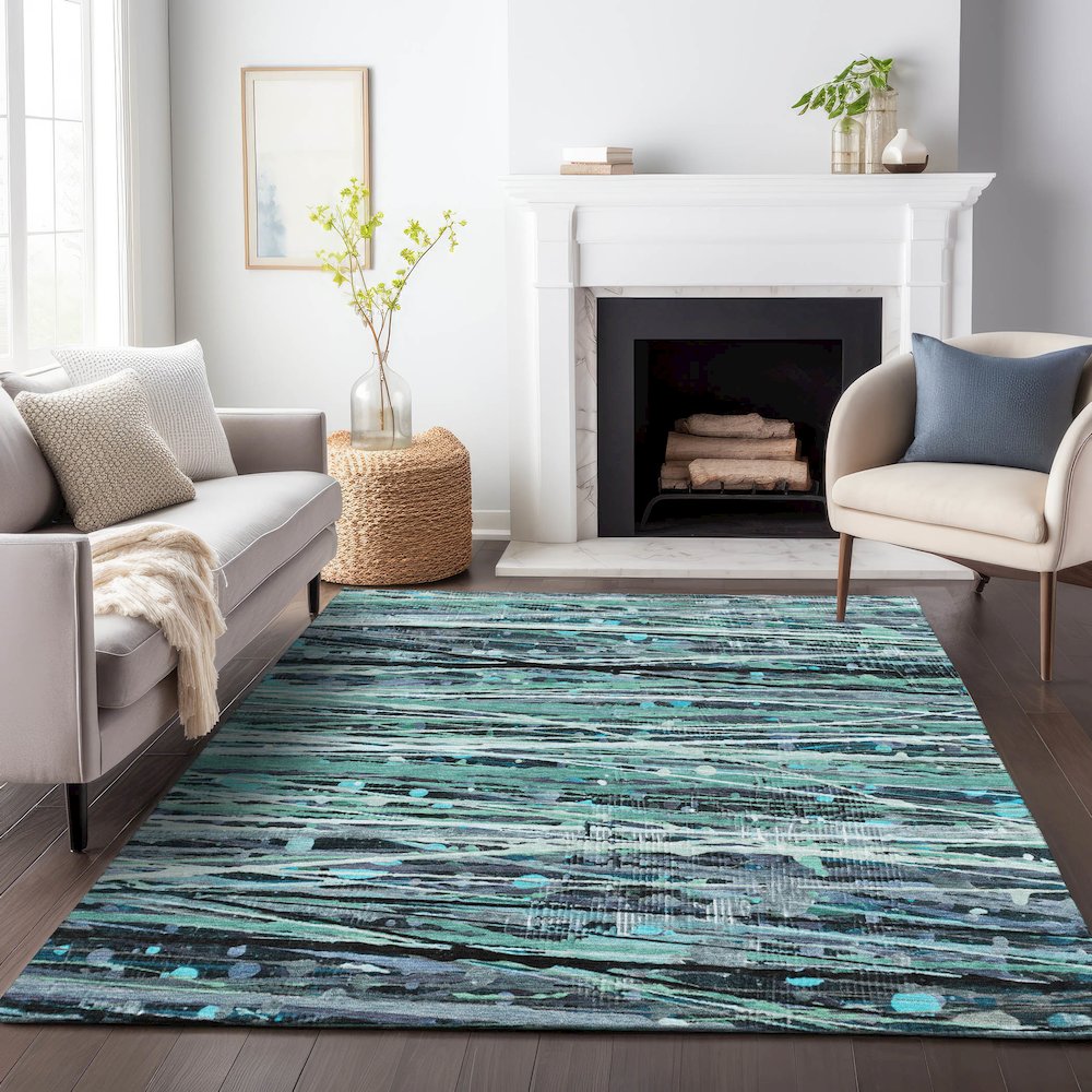 Machine Washable Indoor/Outdoor Chantille ACN2126 Teal 5' x 7'6" Rug. Picture 6