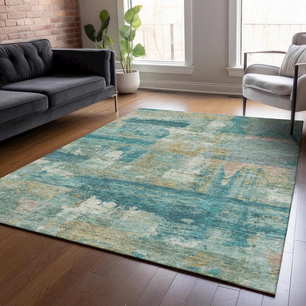 Machine Washable Indoor/Outdoor Chantille ACN2147 Teal 5' x 7'6" Rug. Picture 5