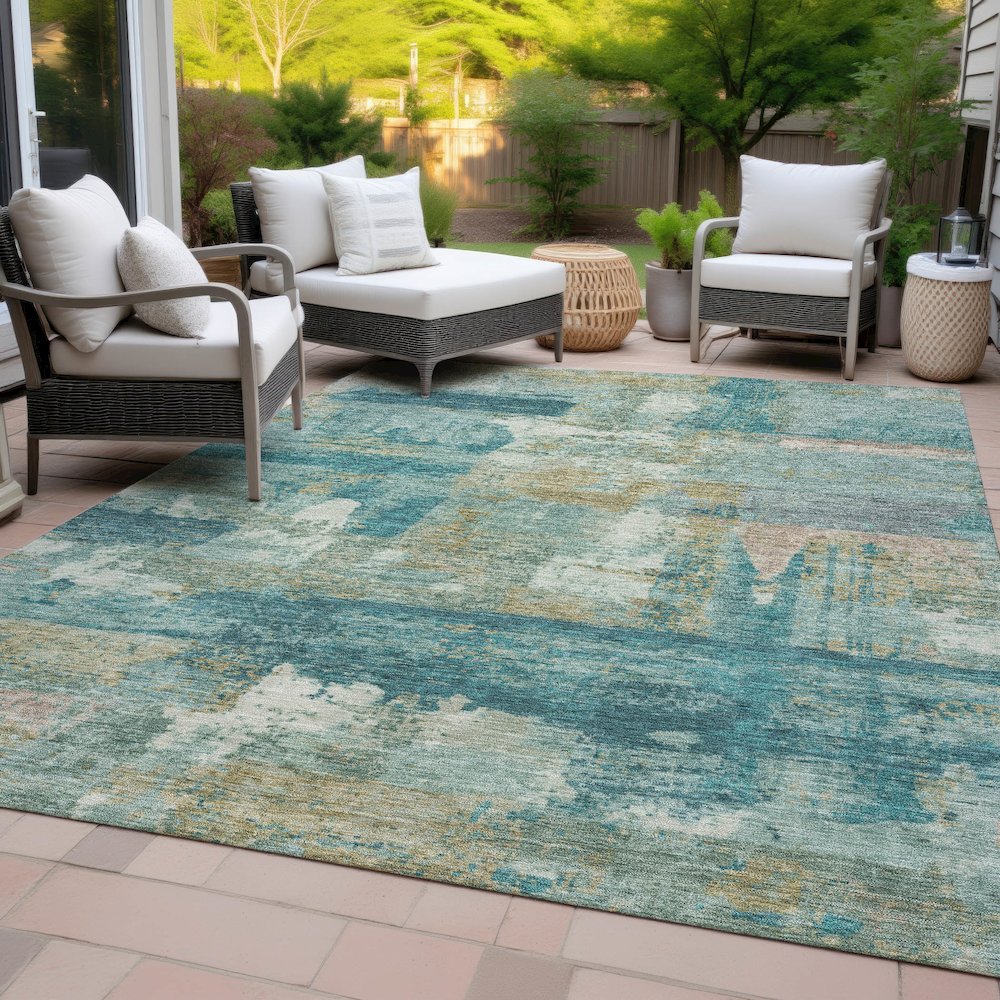 Machine Washable Indoor/Outdoor Chantille ACN2147 Teal 5' x 7'6" Rug. Picture 8