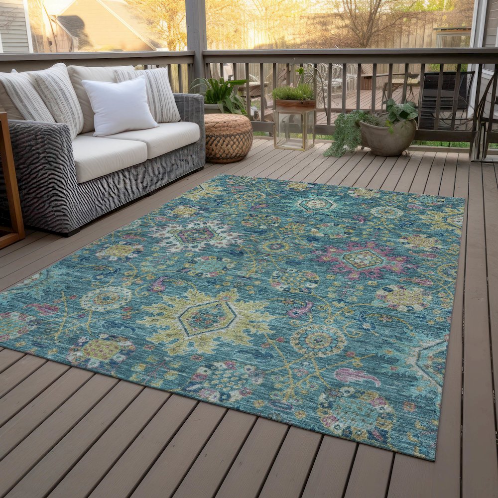 Machine Washable Indoor/Outdoor Chantille ACN2151 Teal 5' x 7'6" Rug. Picture 8