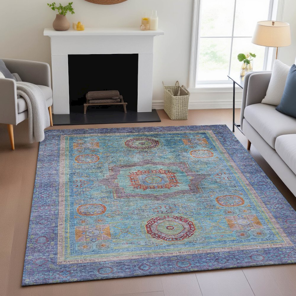 Machine Washable Indoor/Outdoor Chantille ACN2159 Teal 5' x 7'6" Rug. Picture 5