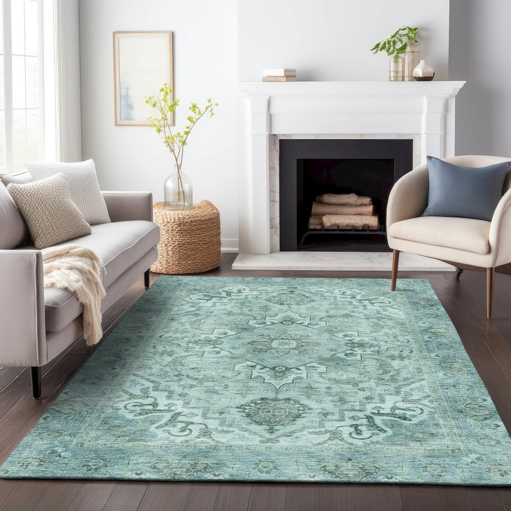 Machine Washable Indoor/Outdoor Chantille ACN2164 Teal 5' x 7'6" Rug. Picture 6