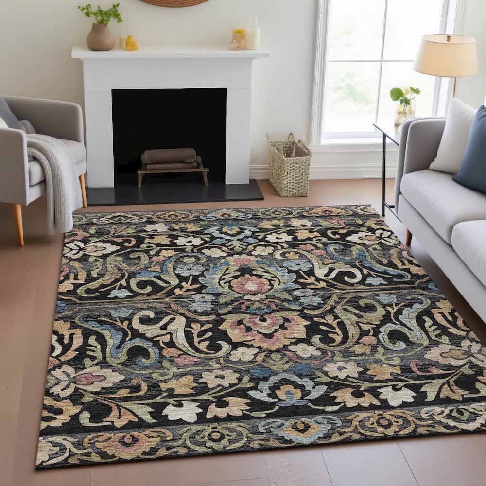Machine Washable Indoor/Outdoor Chantille ACN2193 Black 5' x 7'6" Rug. Picture 5