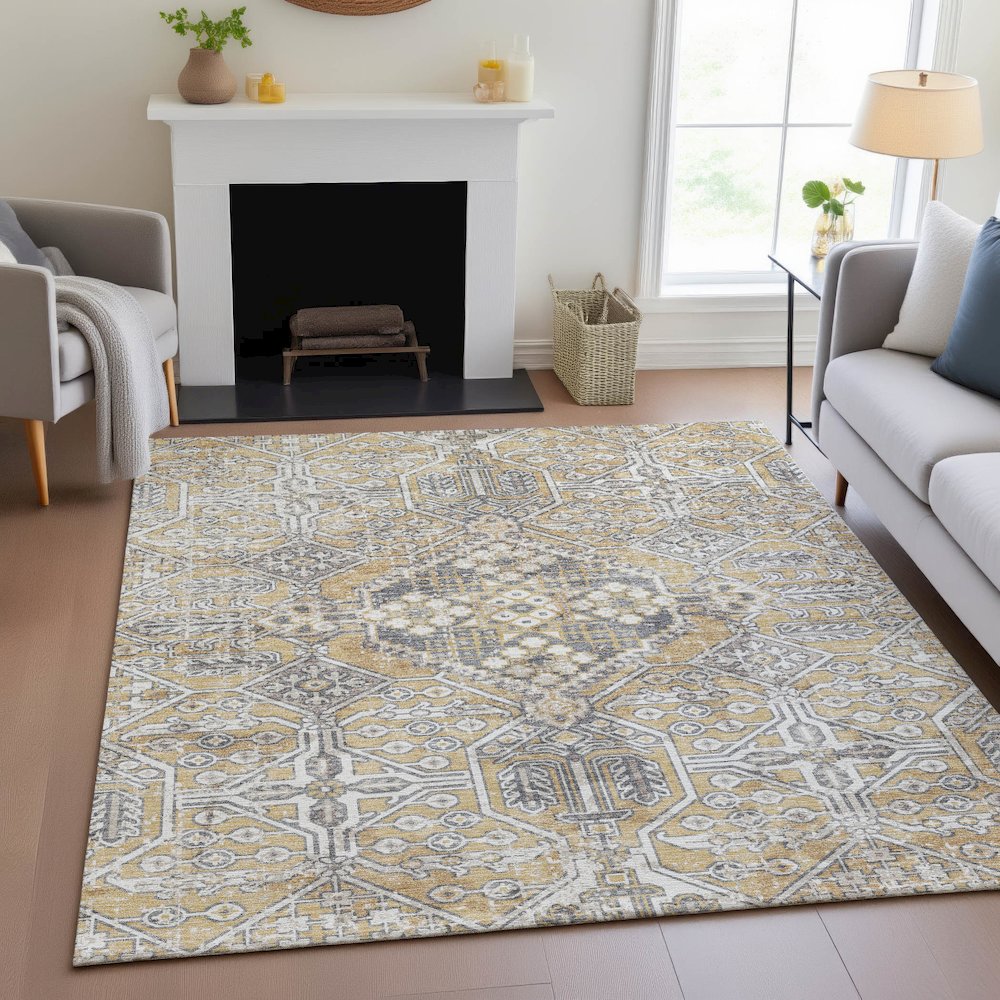 Machine Washable Indoor/Outdoor Chantille ACN2197 Gold 5' x 7'6" Rug. Picture 5