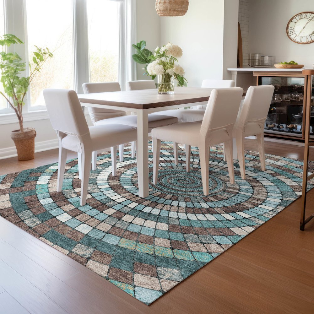 Machine Washable Indoor/Outdoor Chantille ACN2216 Teal 5' x 7'6" Rug. Picture 5