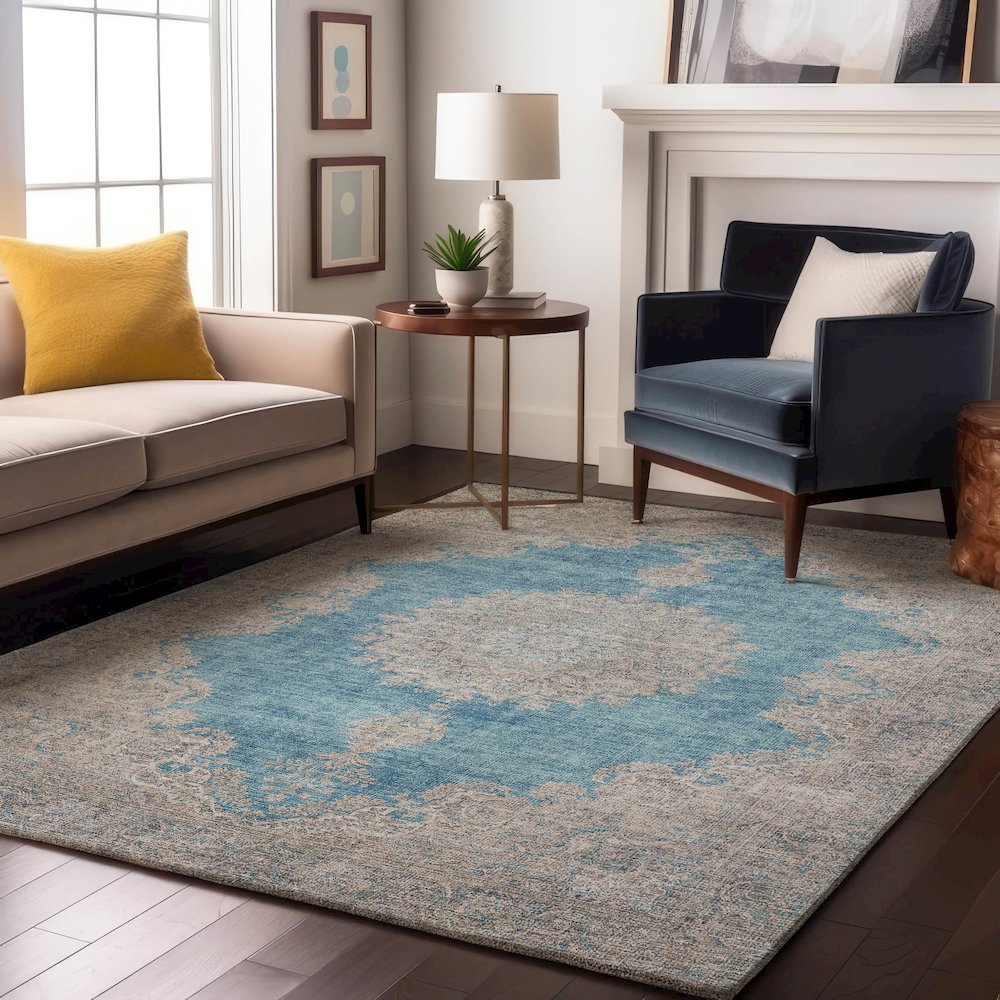 Premium Machine Washable Mayfield AMF1003 Teal 5' x 7'6" Rug. Picture 5
