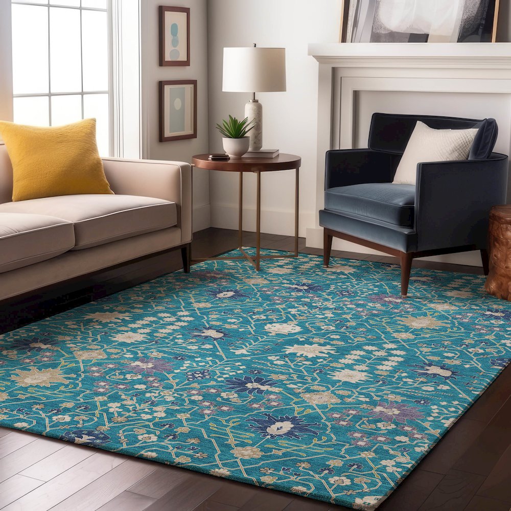 Premium Machine Washable Mayfield AMF1009 Teal 5' x 7'6" Rug. Picture 5