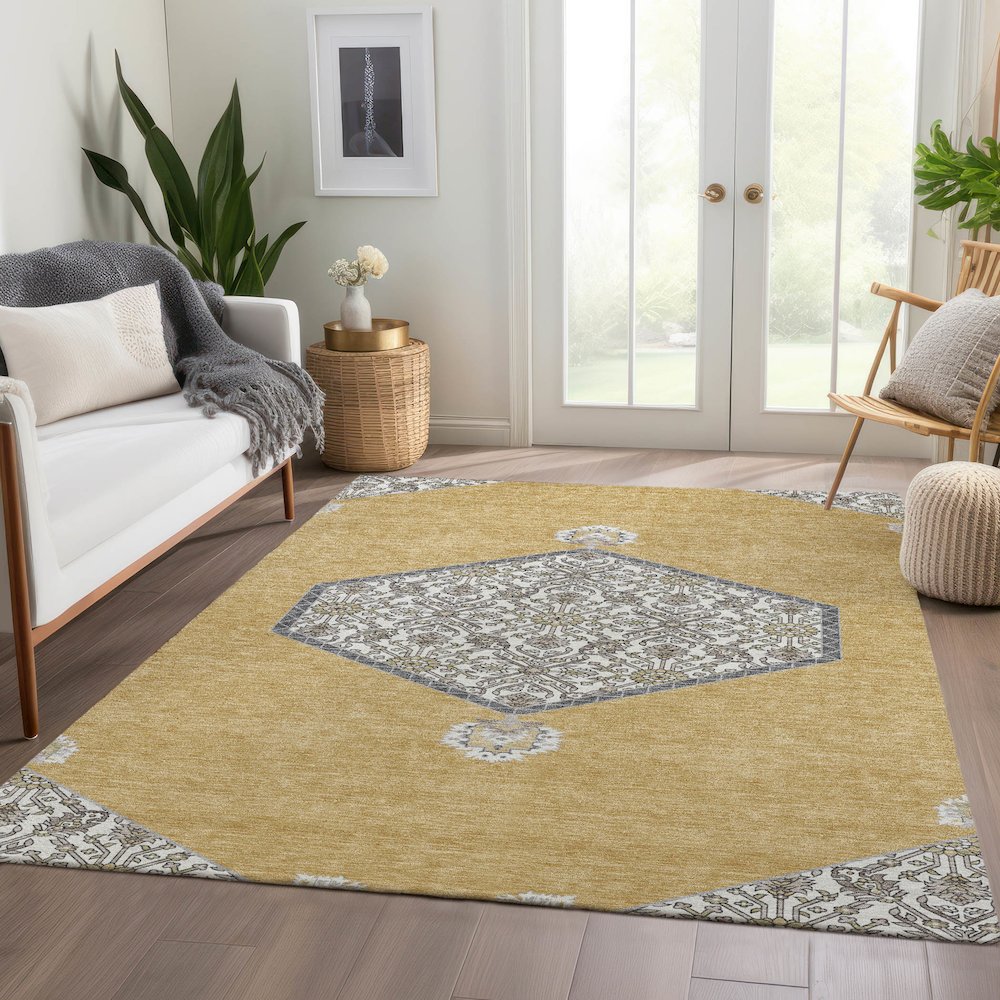 Premium Machine Washable Mayfield AMF1011 Gold 5' x 7'6" Rug. Picture 6