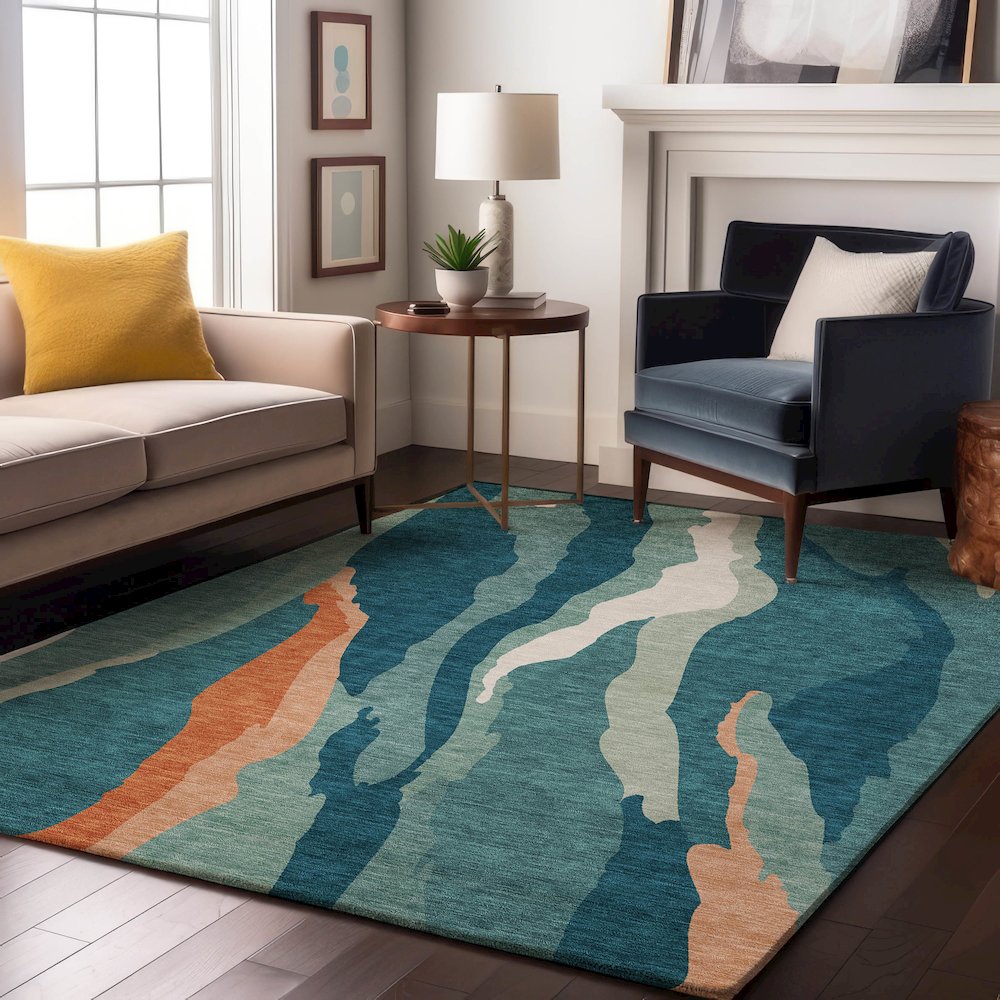 Premium Machine Washable Mayfield AMF1047 Teal 5' x 7'6" Rug. Picture 5