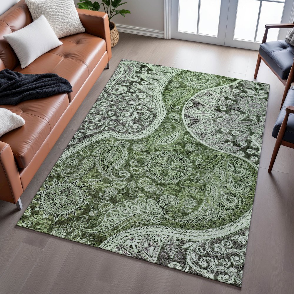 Premium Machine Washable Mayfield AMF1078 Olive 5' x 7'6" Rug. Picture 6