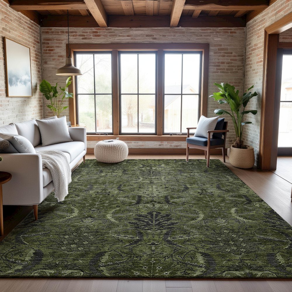 Premium Machine Washable Mayfield AMF1082 Olive 5' x 7'6" Rug. Picture 5
