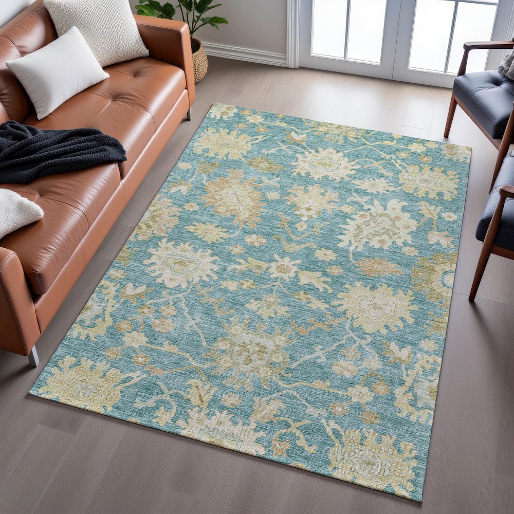 Premium Machine Washable Mayfield AMF1150 Teal 5' x 7'6" Rug. Picture 6