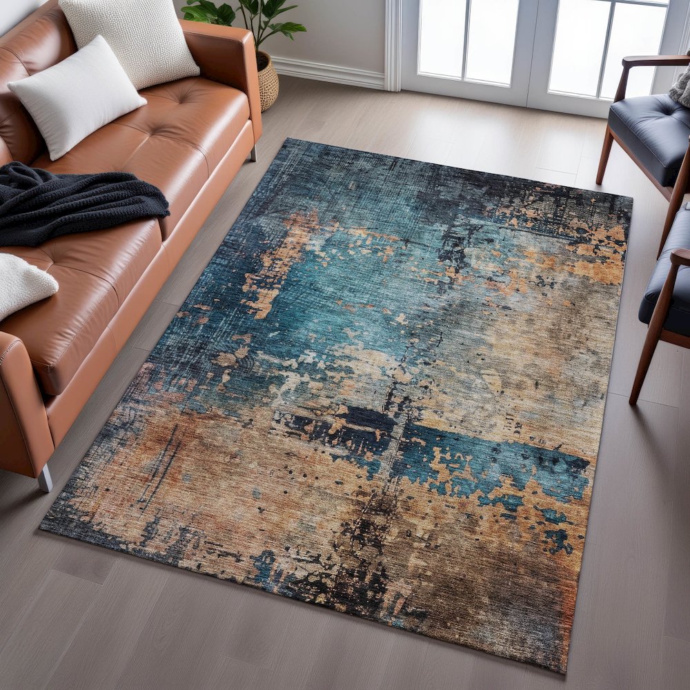 Premium Machine Washable Mayfield AMF1206 Teal 5' x 7'6" Rug. Picture 6