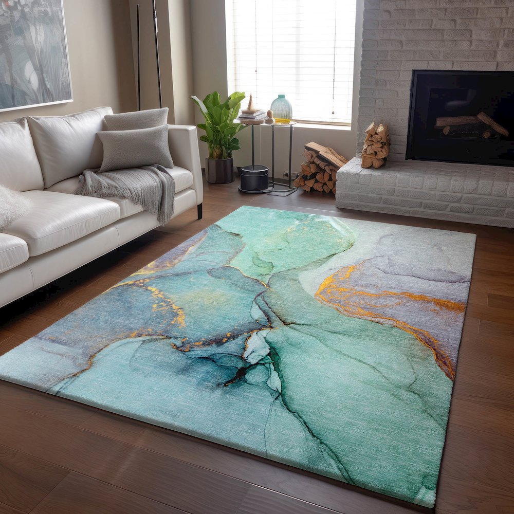 Premium Machine Washable Mayfield  Teal 5' x 7'6" Rug. Picture 6