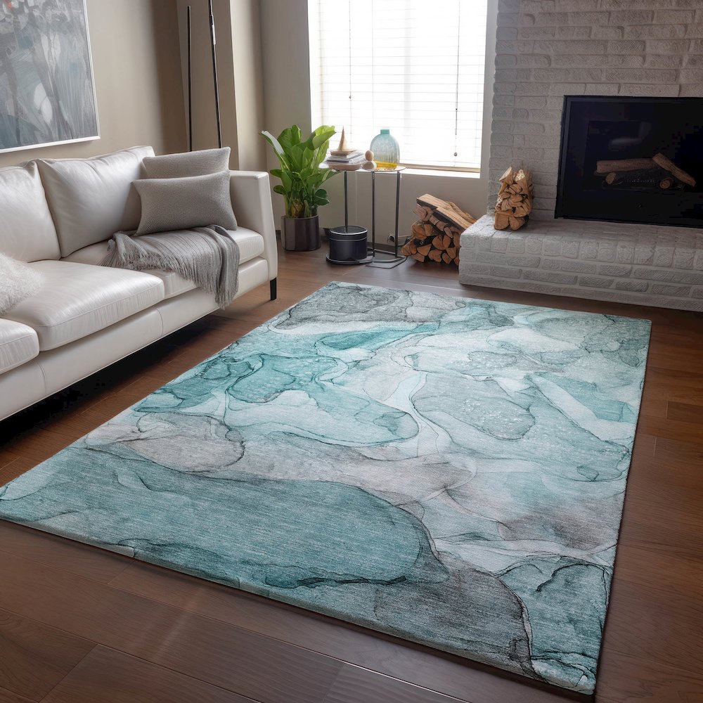 Premium Machine Washable Mayfield  Teal 5' x 7'6" Rug. Picture 6