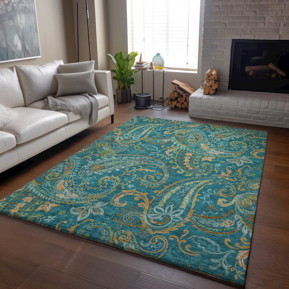 Premium Machine Washable Mayfield  Teal 5' x 7'6" Rug. Picture 6