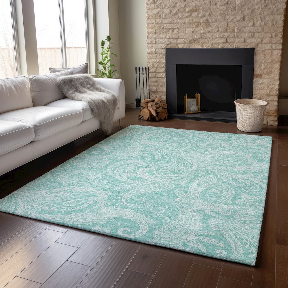 Premium Machine Washable Mayfield AMF654 Teal 5' x 7'6" Rug. Picture 6