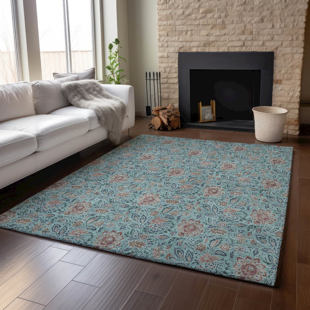 Premium Machine Washable Mayfield AMF660 Teal 5' x 7'6" Rug. Picture 6