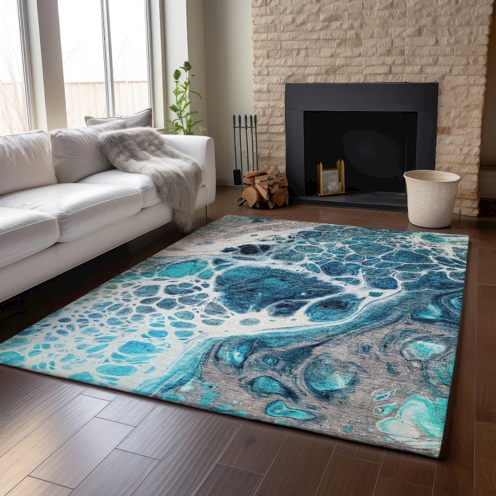 Premium Machine Washable Mayfield AMF682 Teal 5' x 7'6" Rug. Picture 6