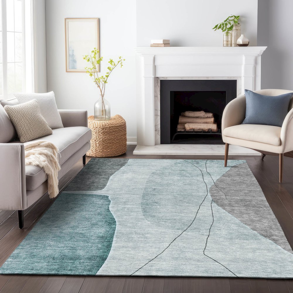 Premium Machine Washable Mayfield AMF696 Teal 5' x 7'6" Rug. Picture 5