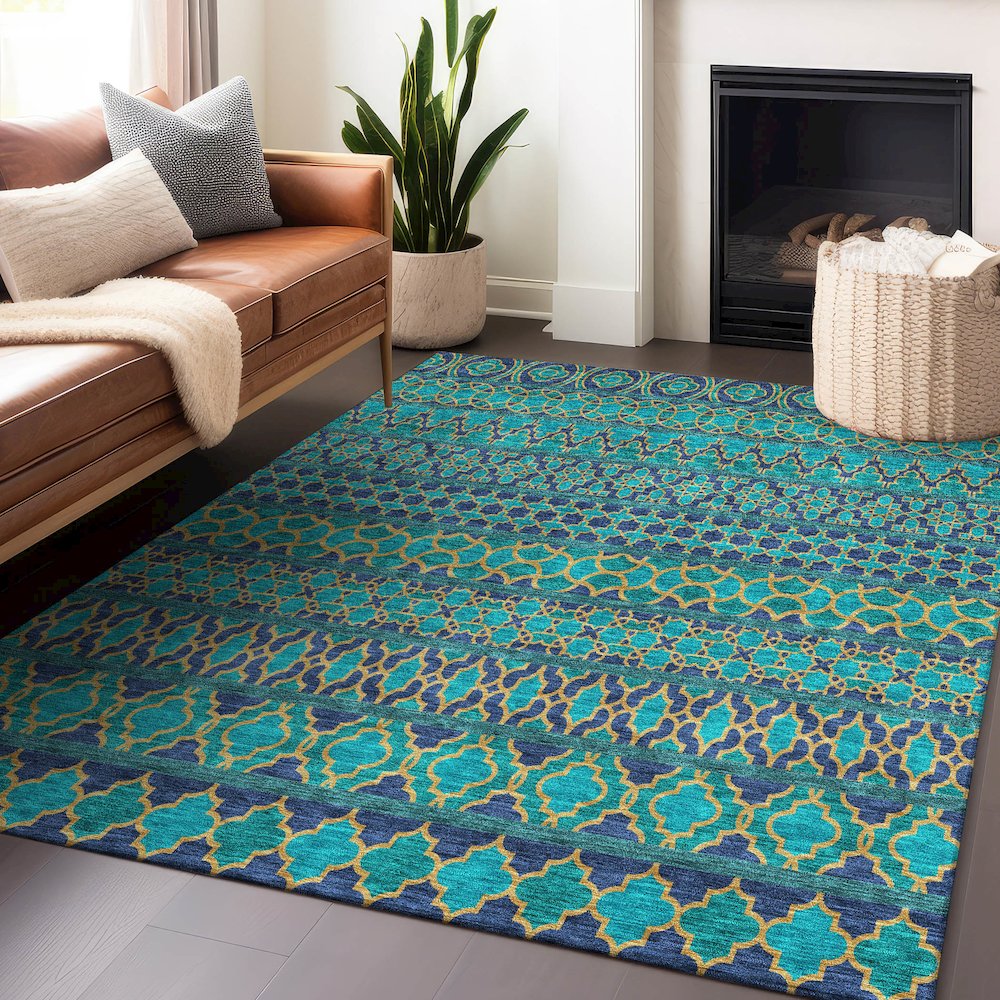 Premium Machine Washable Mayfield AMF726 Teal 5' x 7'6" Rug. Picture 6