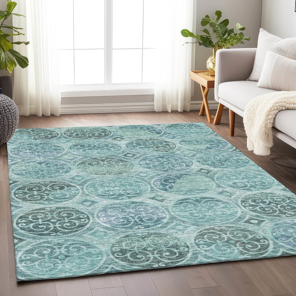 Premium Machine Washable Mayfield AMF738 Teal 5' x 7'6" Rug. Picture 5