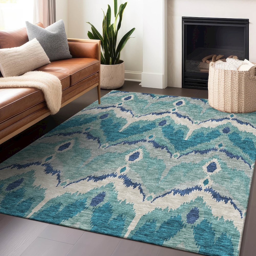 Premium Machine Washable Mayfield AMF743 Teal 5' x 7'6" Rug. Picture 6