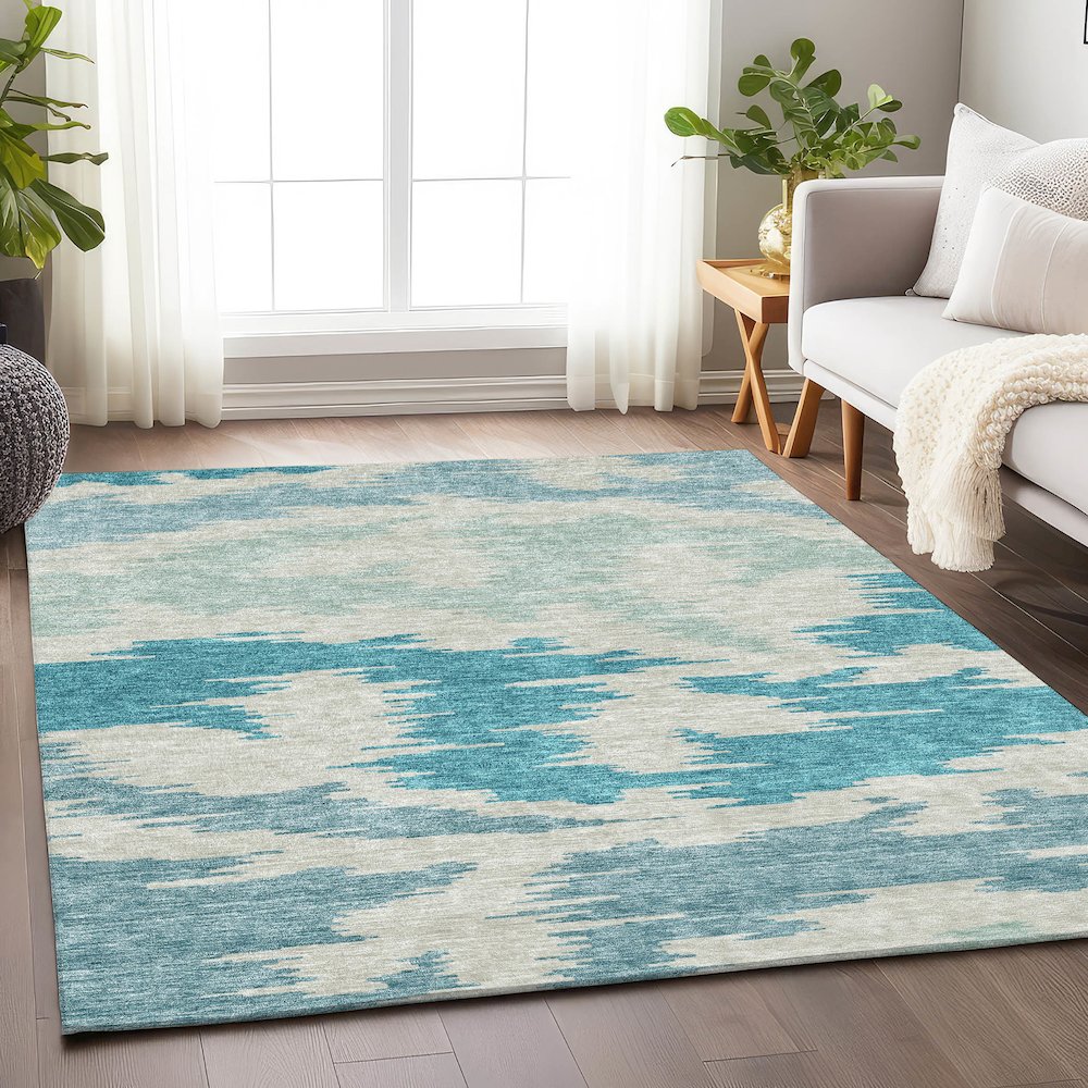 Premium Machine Washable Mayfield AMF746 Teal 5' x 7'6" Rug. Picture 5