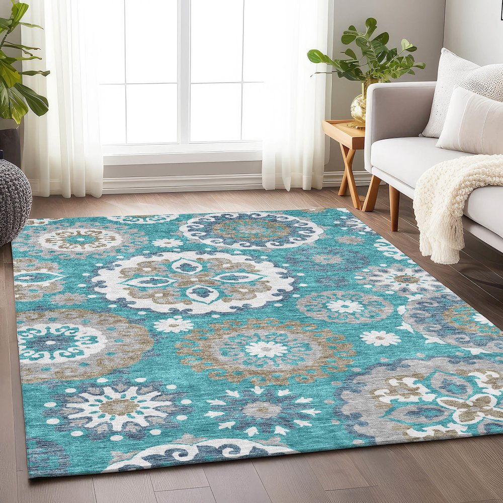 Premium Machine Washable Mayfield AMF763 Teal 5' x 7'6" Rug. Picture 5