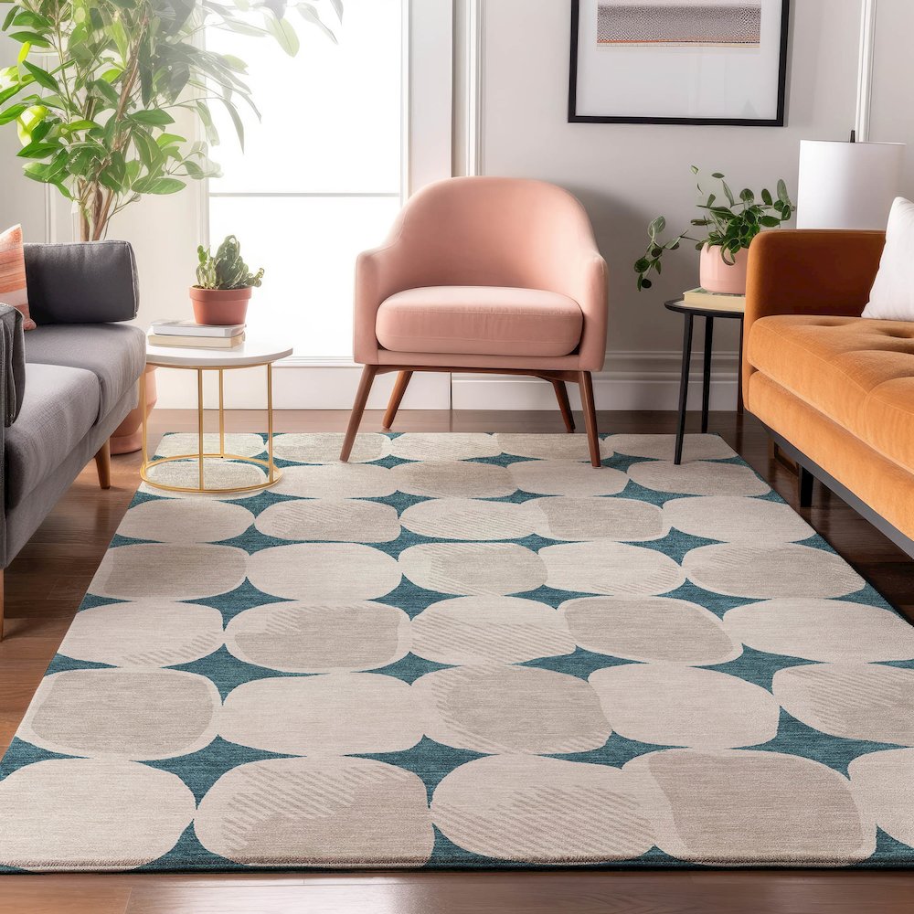 Premium Machine Washable Mayfield AMF870 Teal 5' x 7'6" Rug. Picture 5