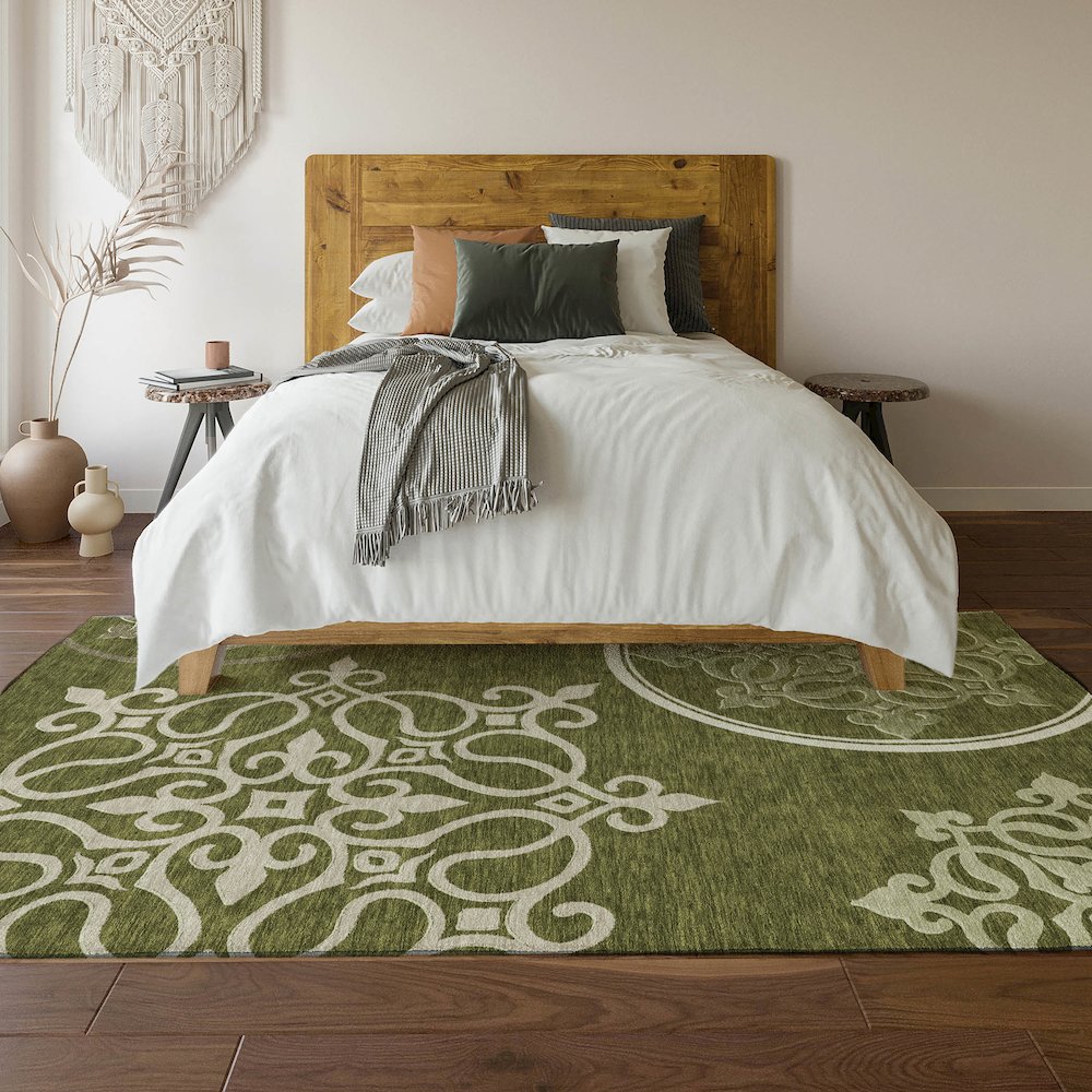 Premium Machine Washable Mayfield AMF874 Olive 5' x 7'6" Rug. Picture 6
