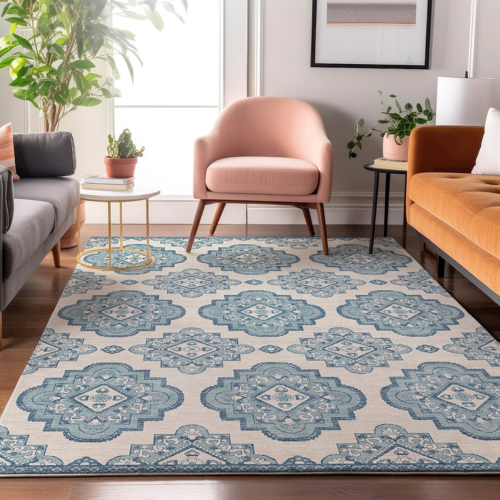 Premium Machine Washable Mayfield AMF878 Teal 5' x 7'6" Rug. Picture 5