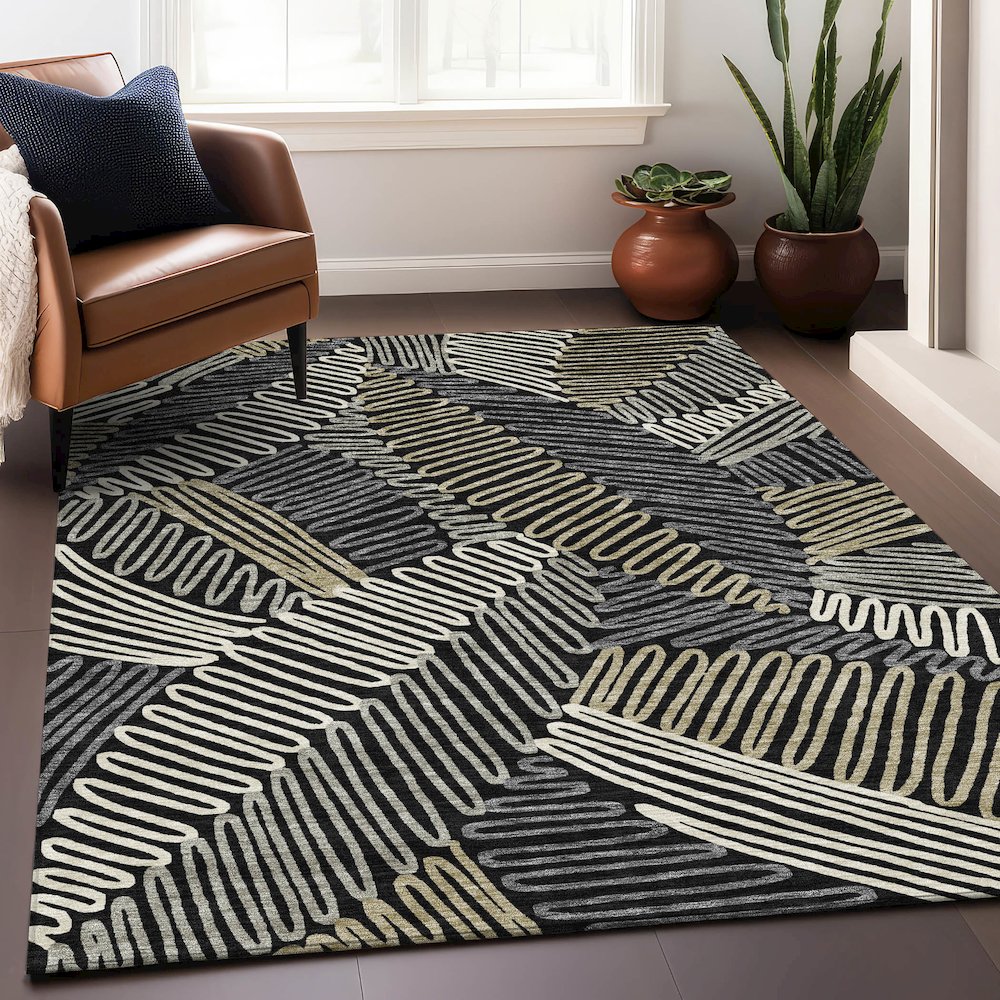 Premium Machine Washable Mayfield AMF904 Black 5' x 7'6" Rug. Picture 5