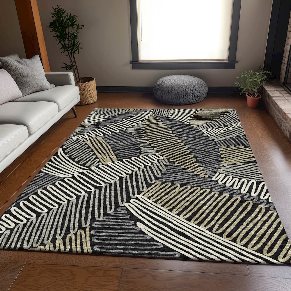 Premium Machine Washable Mayfield AMF904 Black 5' x 7'6" Rug. Picture 6