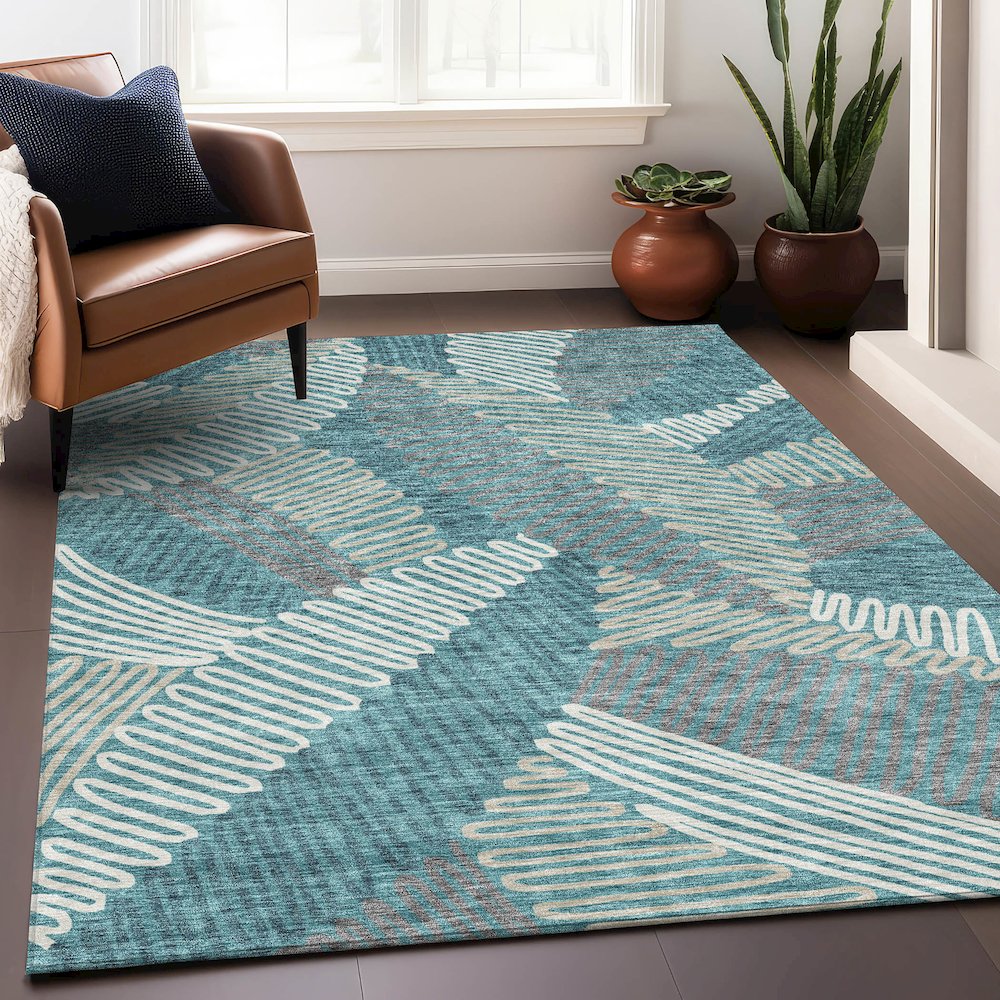 Premium Machine Washable Mayfield AMF904 Teal 5' x 7'6" Rug. Picture 5