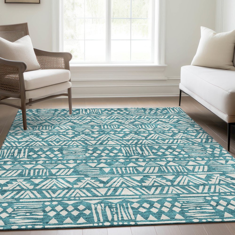Premium Machine Washable Mayfield AMF907 Teal 5' x 7'6" Rug. Picture 6