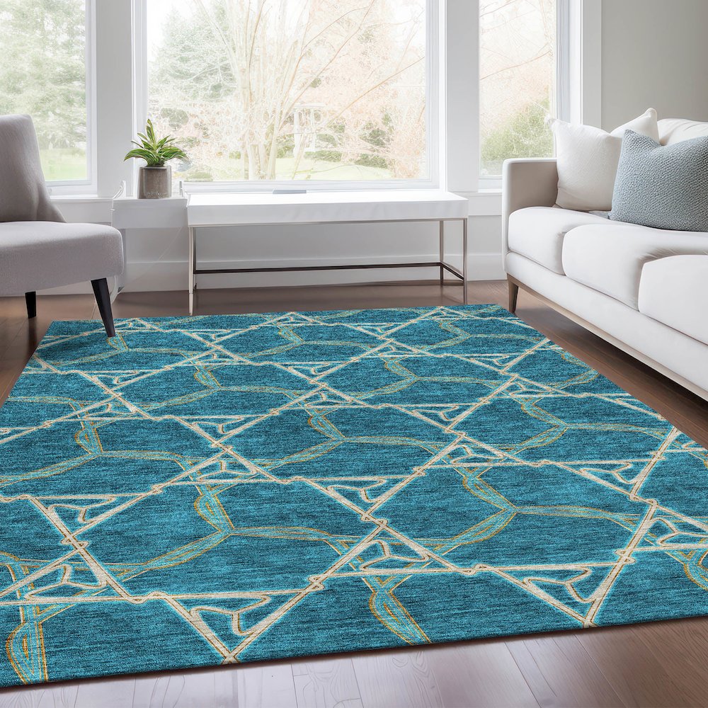Premium Machine Washable Mayfield AMF959 Teal 5' x 7'6" Rug. Picture 6