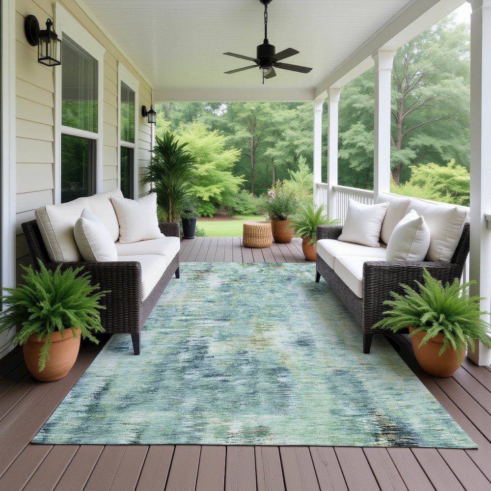 Luxury Washable Indoor/Outdoor Kochi Teal 5' x 7'6" Rug. Picture 6