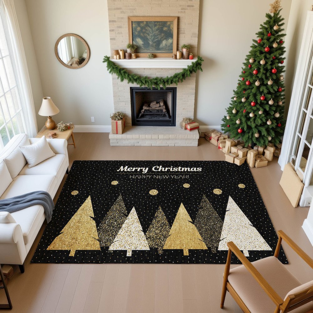 Luxury Washable Indoor/Outdoor Merry & Bright Black 5' x 7'6" Rug. Picture 5